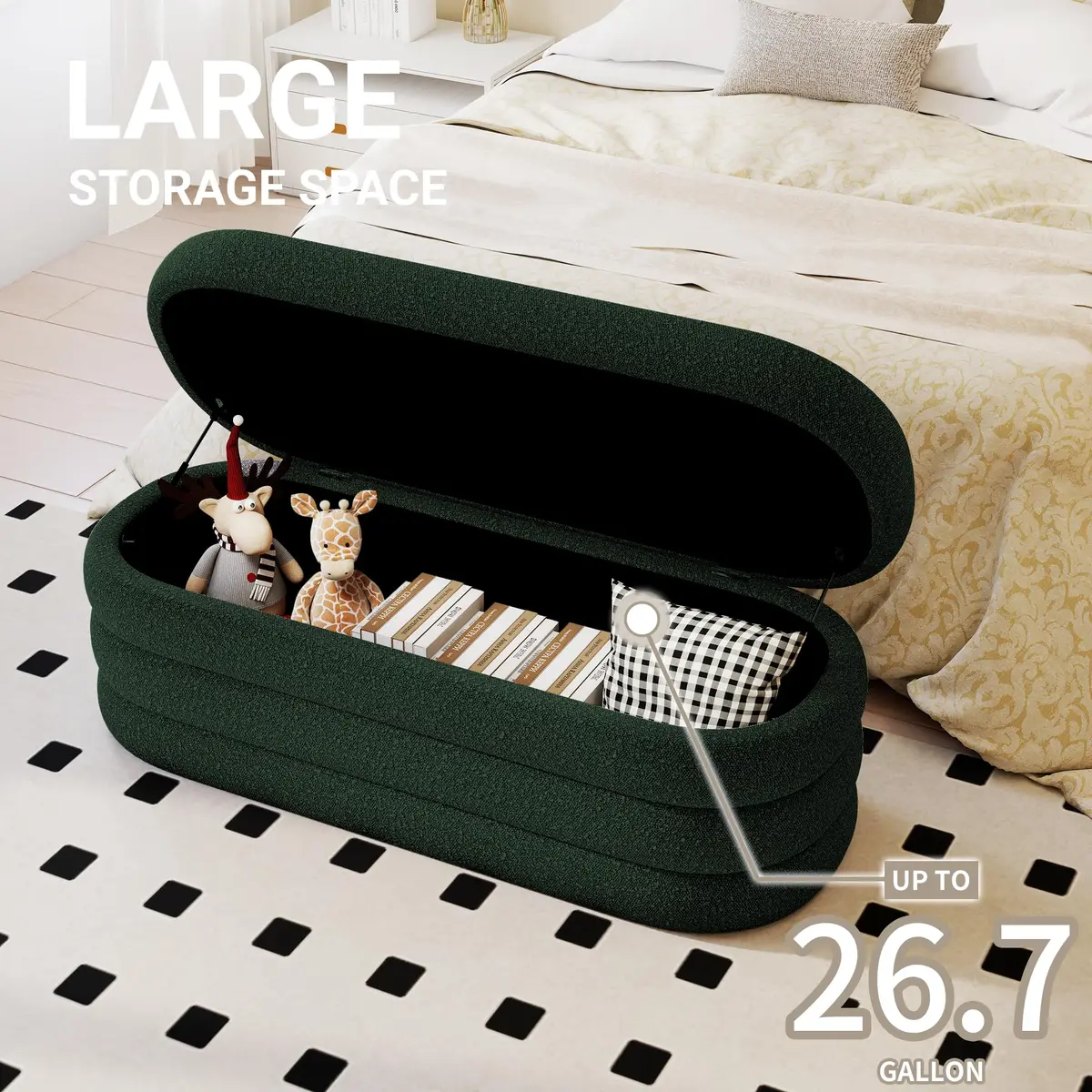 Busaurus Storage Ottoman Bench Upholstered Fabric Storage Bench for Bedroom End of Bed Large Oval Dark Green | Modern, Sturdy & Multi-Functional - view 2