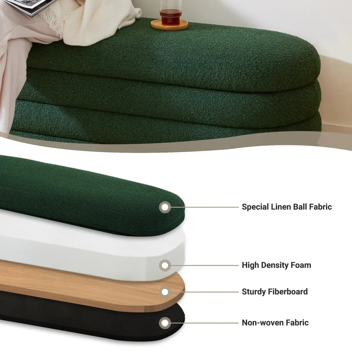 Busaurus Storage Ottoman Bench Upholstered Fabric Storage Bench for Bedroom End of Bed Large Oval Dark Green | Modern, Sturdy & Multi-Functional - view 3