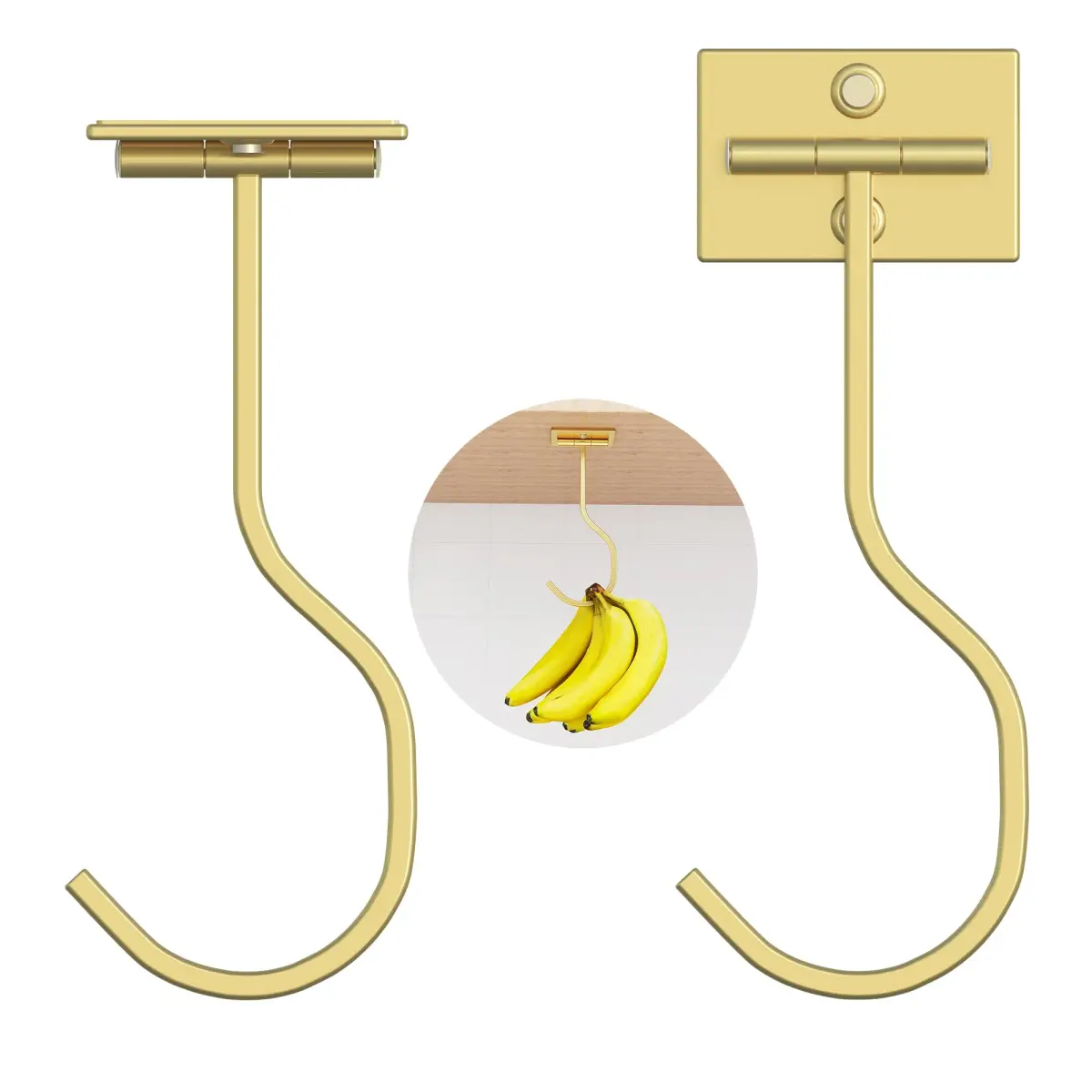 bussdis Foldable Banana Hook Gold | Space-Saving Under Cabinet Holder for Kitchen & RV (2-Pack) - view 9