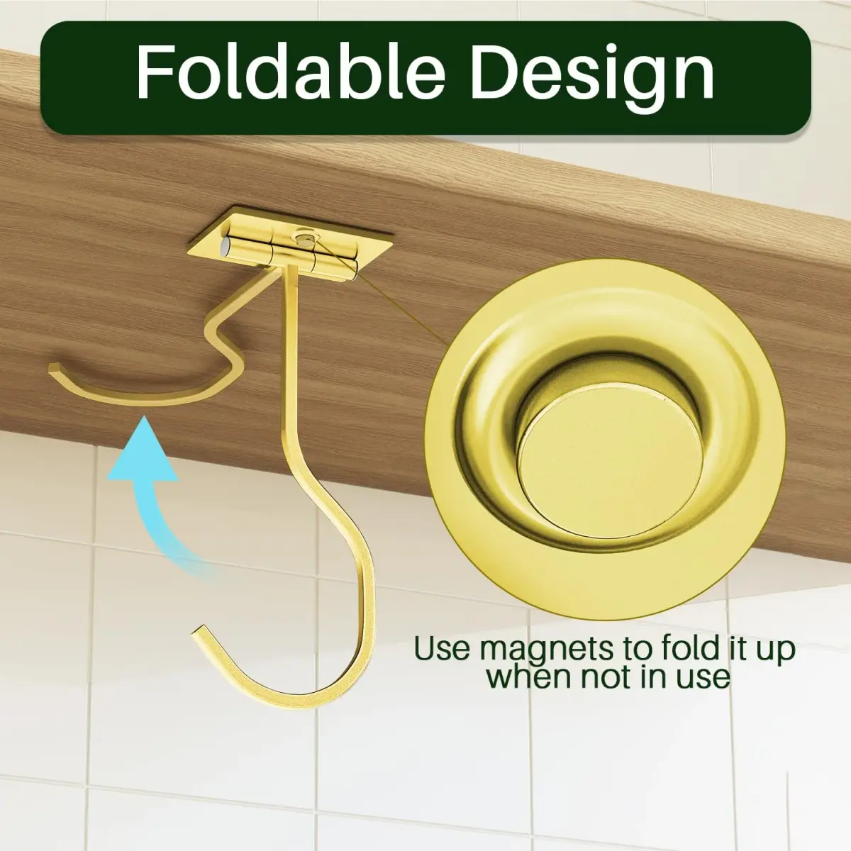 bussdis Foldable Banana Hook Gold | Space-Saving Under Cabinet Holder for Kitchen & RV (2-Pack) - view 2