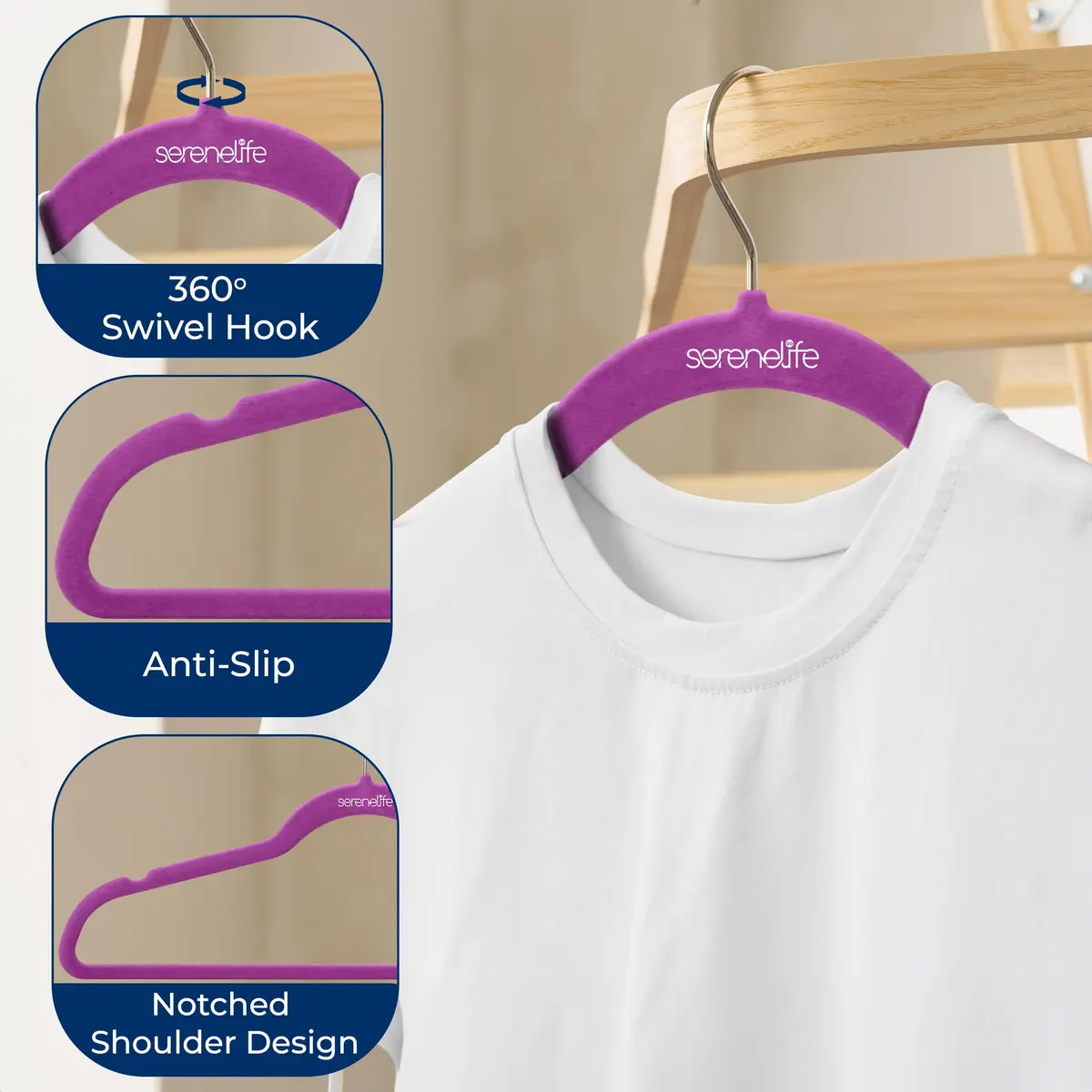 SereneLife Velvet Hangers 100 Pack Slim & Space Saving for Closets | Stylish & Heavy Duty - view 5