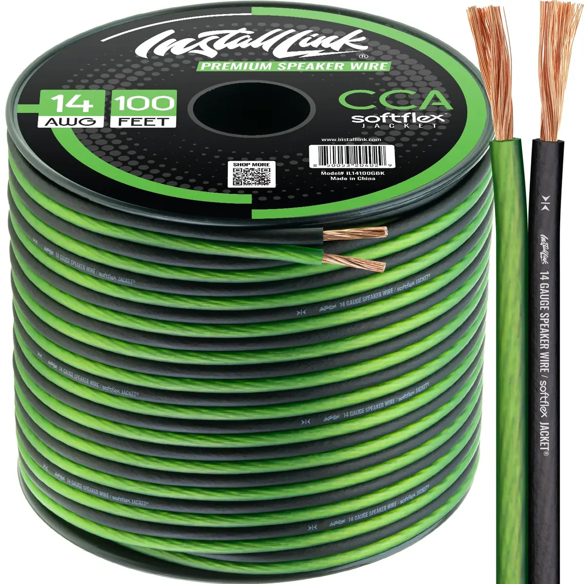 Install Link 14 AWG Gauge Speaker Wire (100 Feet) for Car & Home Theater | Copper Clad Aluminum (CCA) | Frosted Green/Black | Easy Install - main product image