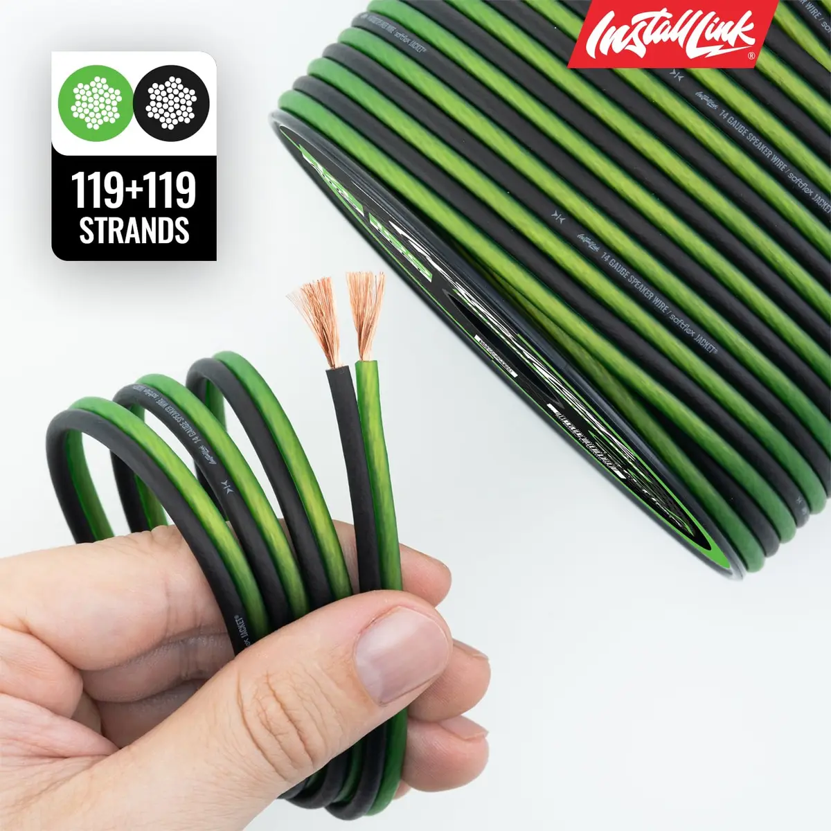 Install Link 14 AWG Gauge Speaker Wire (100 Feet) for Car & Home Theater | Copper Clad Aluminum (CCA) | Frosted Green/Black | Easy Install - view 8