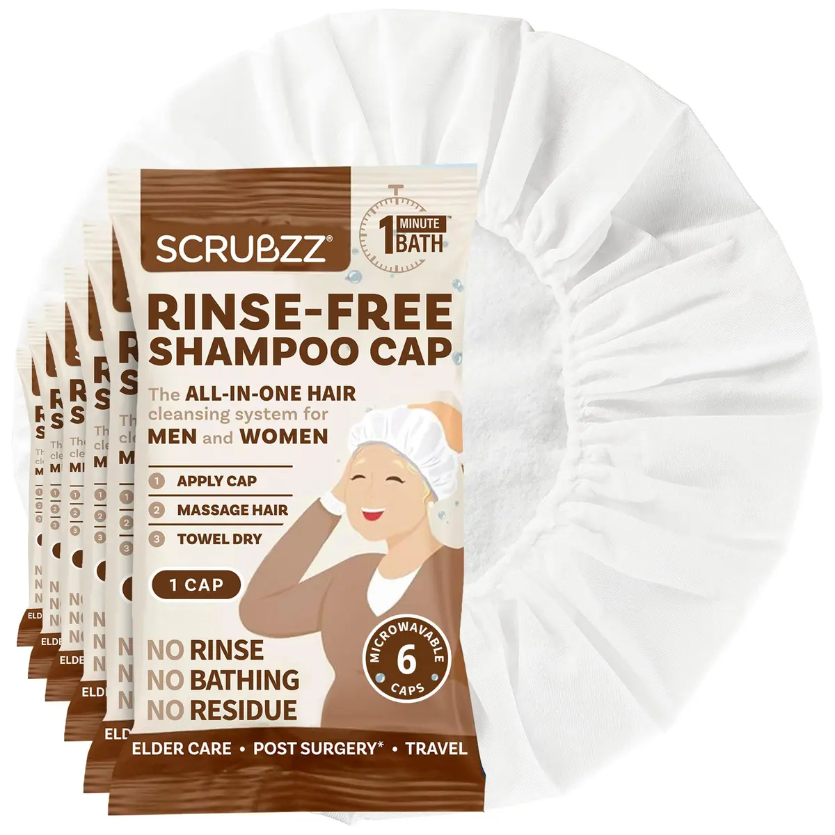 Scrubzz Rinse-Free Shampoo Caps Coconut Vanilla 6 Pack | Waterless Hair Wash for Elderly & Bedridden - main product image