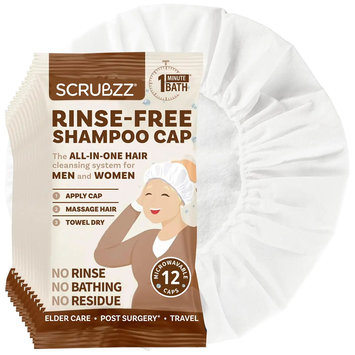 Scrubzz Rinse-Free Shampoo Caps Coconut Vanilla | No Water Hair Wash for Elderly & Bedridden (12 Pack, White) - main product image
