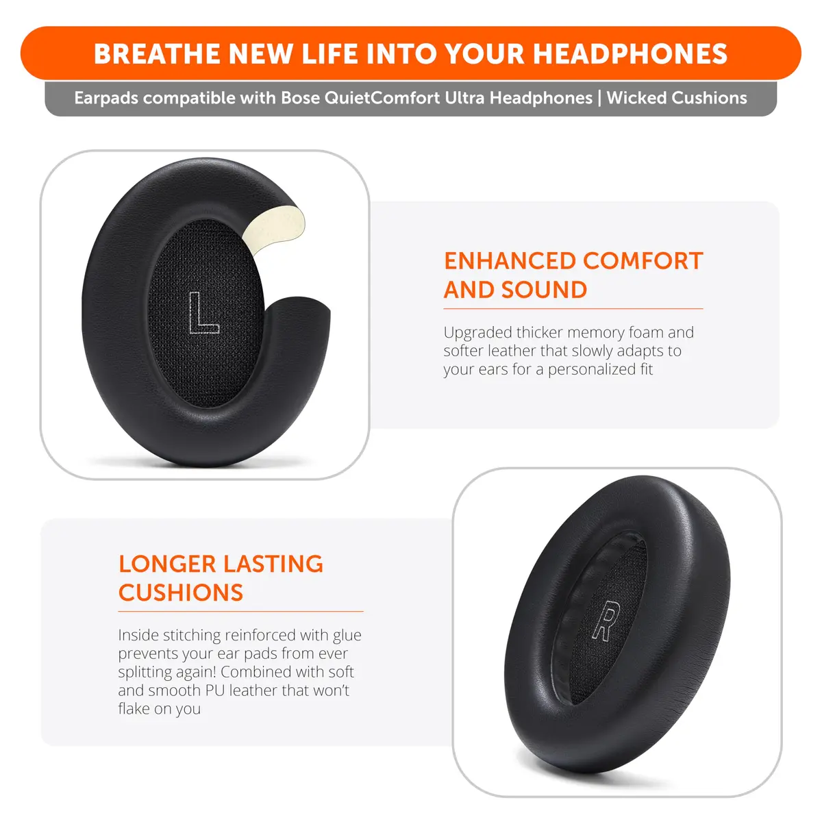 WC PadZ QC Ultra - Earpads for Bose QuietComfort Ultra Gen 1 & 2 | Extra Thick Memory Foam, Durable PU Leather (70-120 chars) - view 4