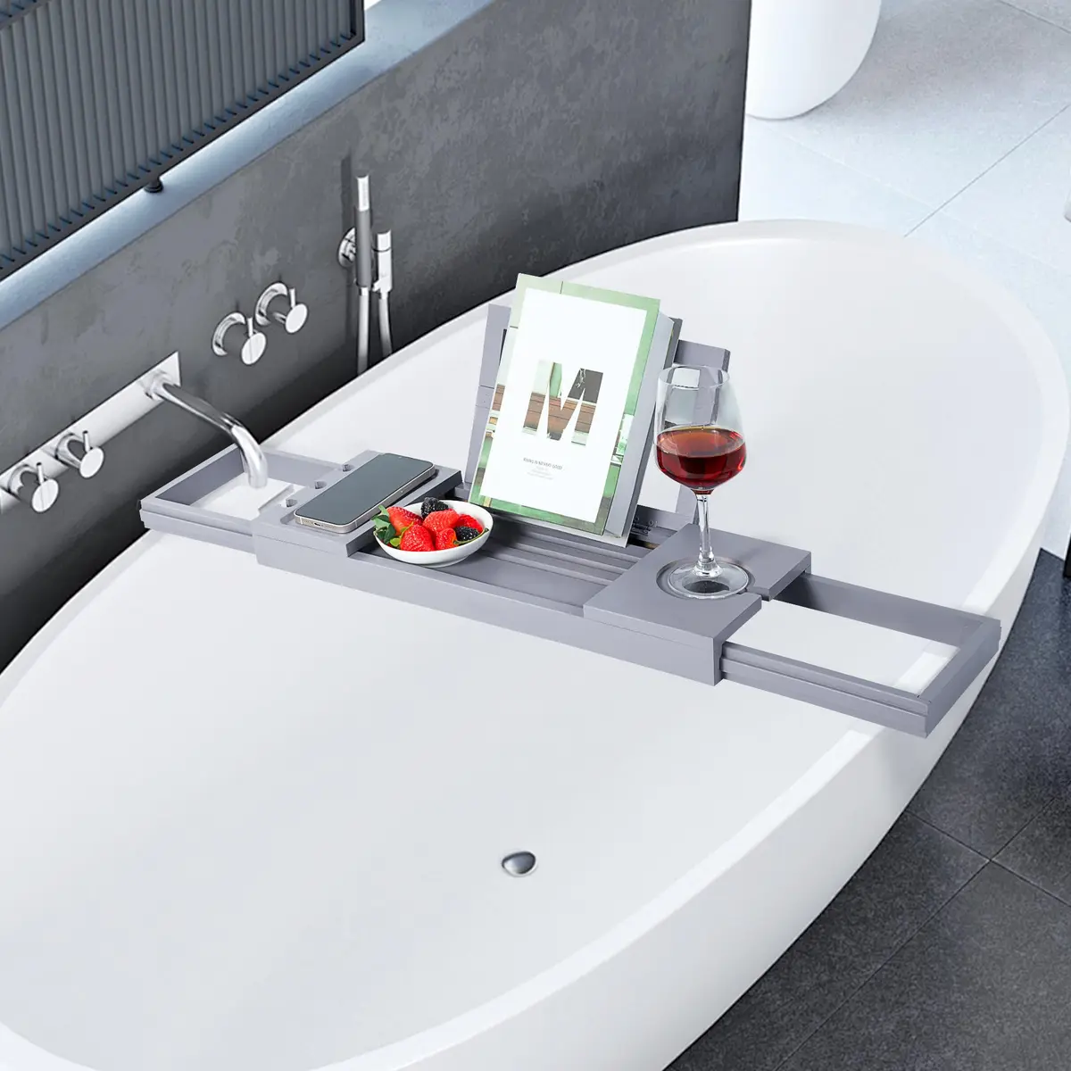 Utoplike Bathtub Tray Caddy Bamboo Adjustable | Space-Saving Bath Table for Tub - view 6