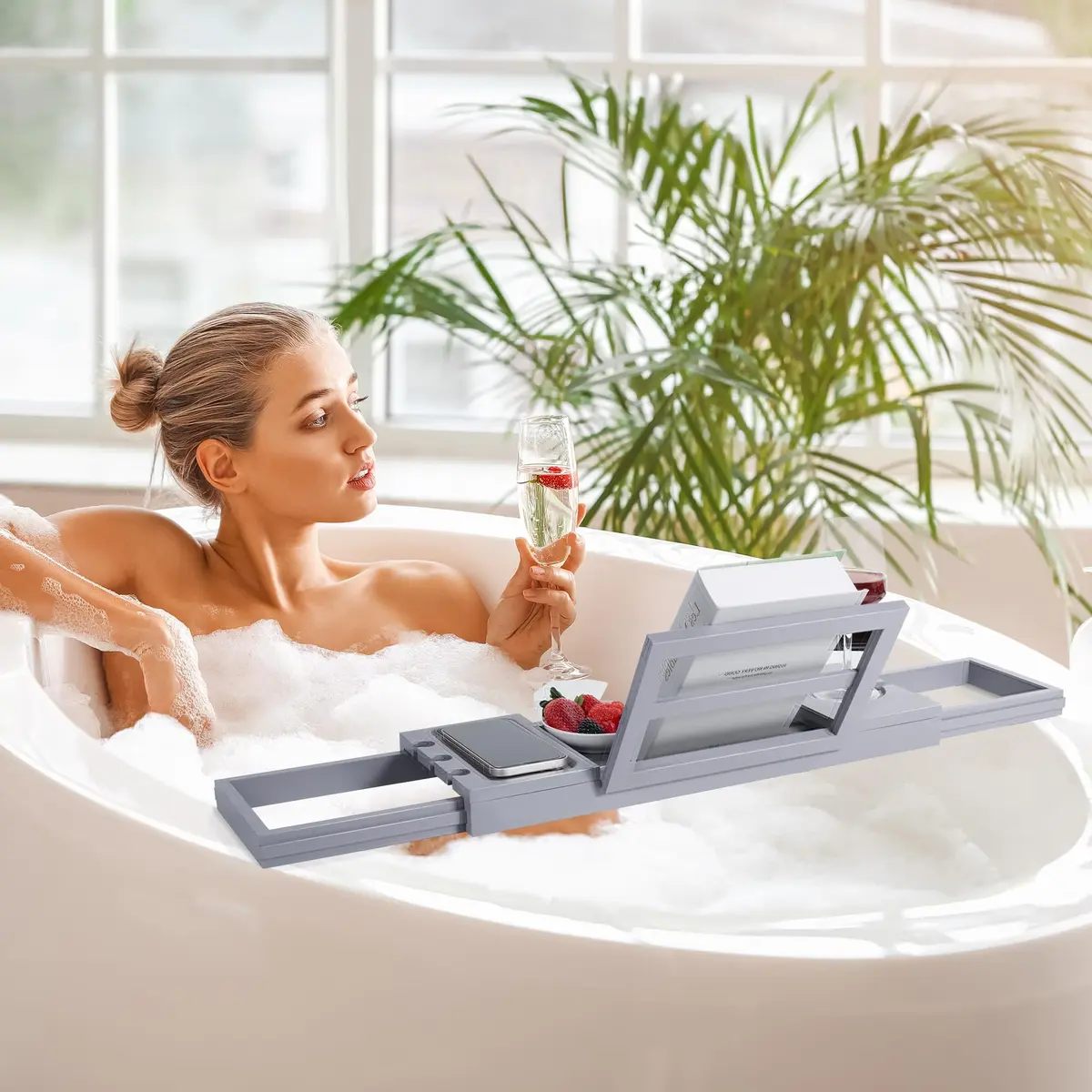 Utoplike Bathtub Tray Caddy Bamboo Adjustable | Space-Saving Bath Table for Tub - view 2