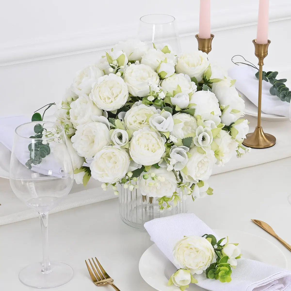 MARTINE MALL White Artificial Peonies Flowers | Silk Fake Bouquet for Home & Wedding Decor - view 2