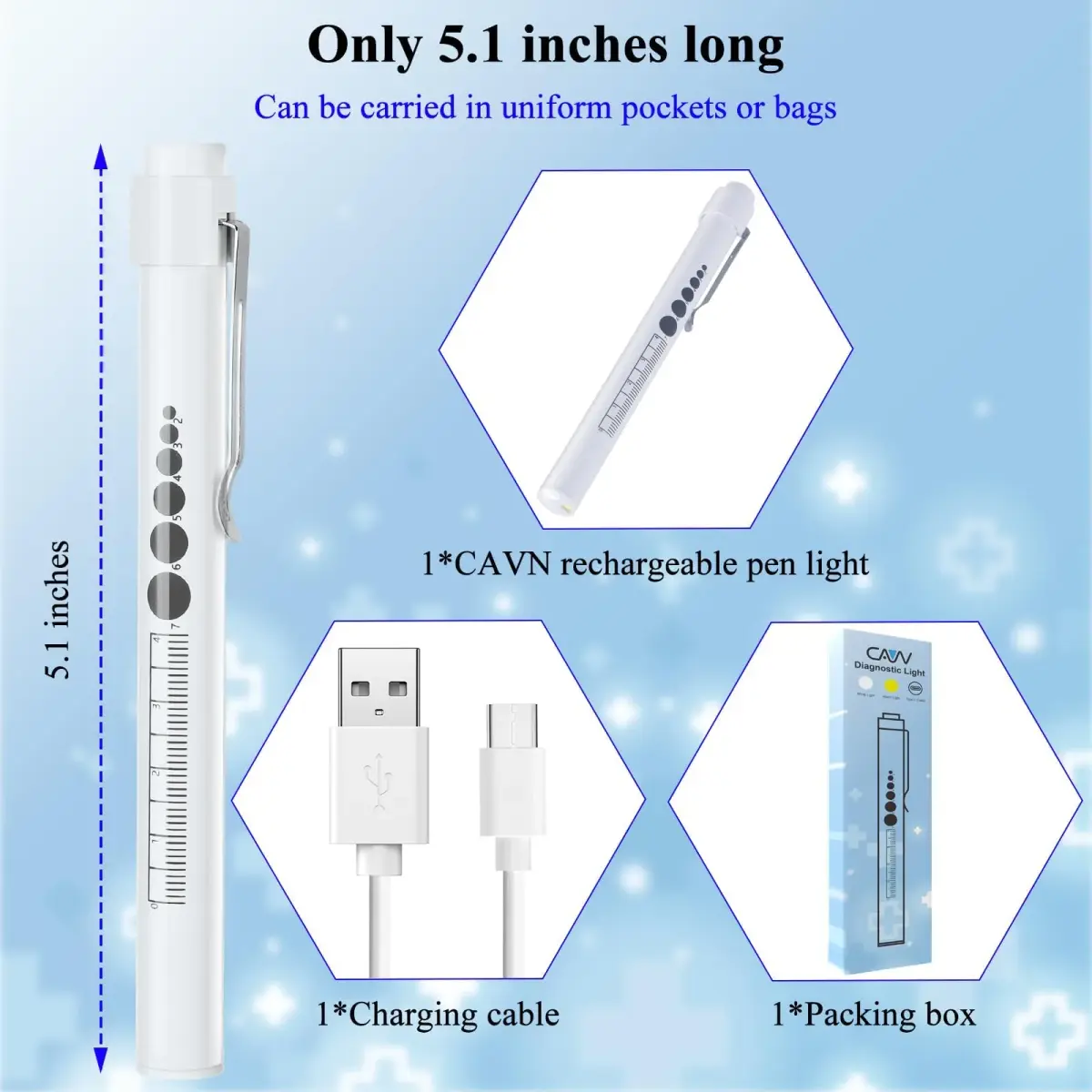 CAVN Rechargeable LED Pen Light with Pupil Gauge & Ruler | 10cm (4in) | White - view 6
