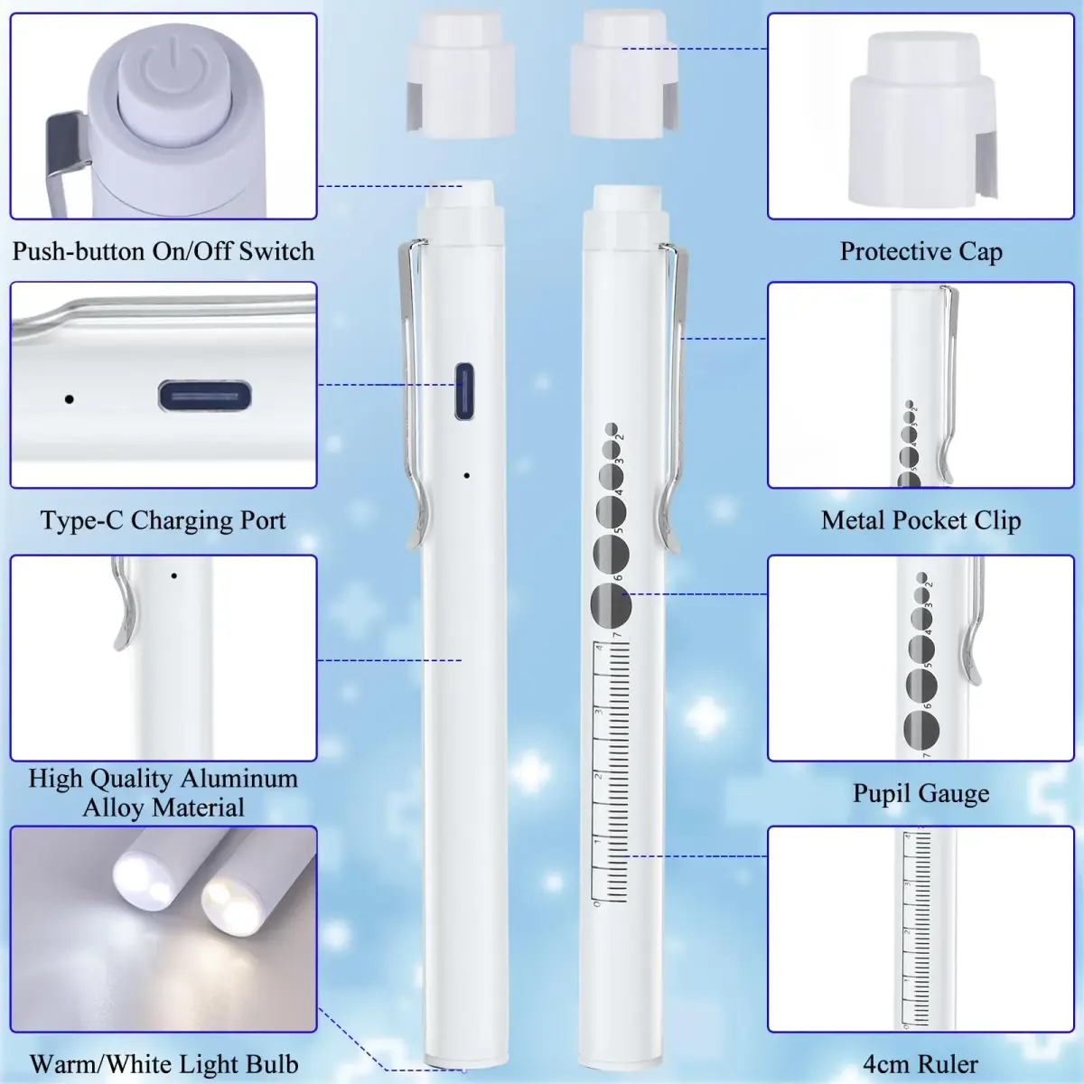 CAVN Rechargeable LED Pen Light with Pupil Gauge & Ruler | 10cm (4in) | White - view 2