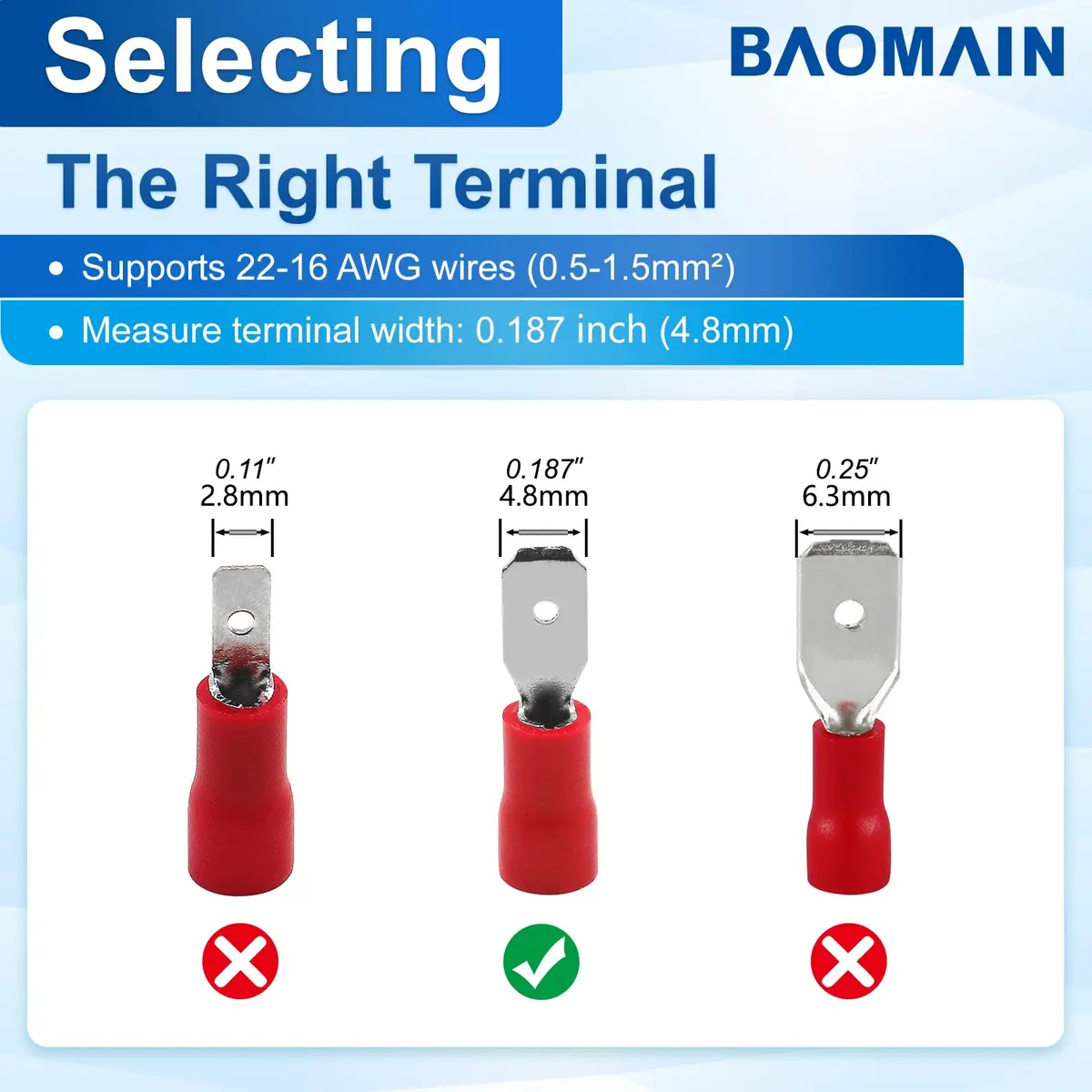 Baomain Male Quick Disconnect Spade Terminals 0.187" | 22-16 AWG, 1000-Pack, Insulated Copper - view 4