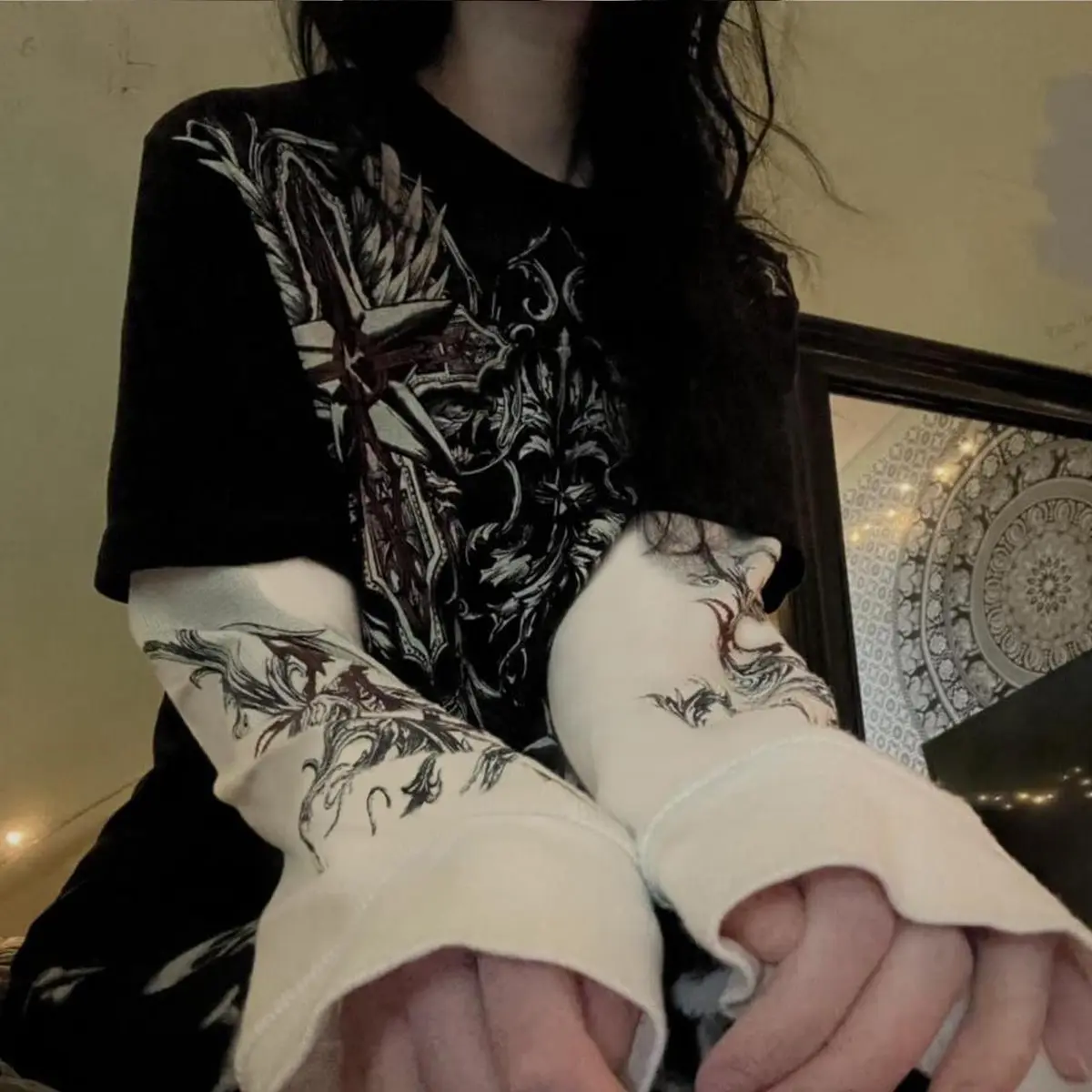 GGOOB Gothic Shirt Fake Two-Piece Long Sleeve Top in Blue | Unisex Goth Fashion (Large) - view 7