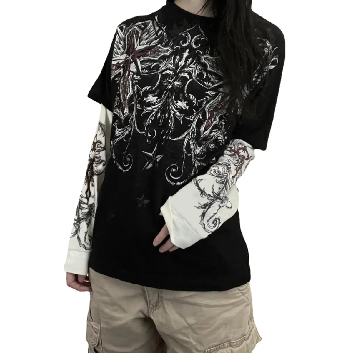GGOOB Goth Shirt Gothic Long Sleeve Top | Fake Two-Piece Alternative Clothing (Black, Small) - main product image