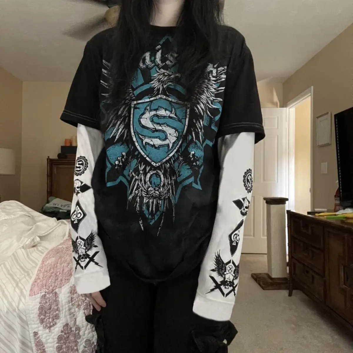 GGOOB Goth Shirt Gothic Long Sleeve Top | Fake Two-Piece Alternative Clothing (Black, Small) - view 7