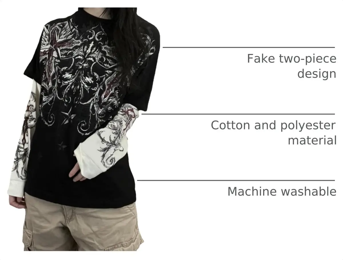 GGOOB Goth Shirt Gothic Long Sleeve Top | Fake Two-Piece Alternative Clothing (Black, Small) - view 4