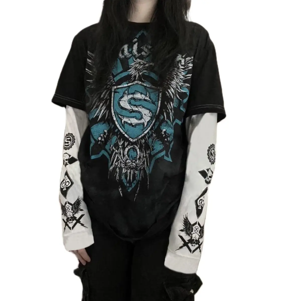 GGOOB Gothic Shirt Fake Two-Piece Long Sleeve Top | Gothic Style, Blue, Medium - main product image