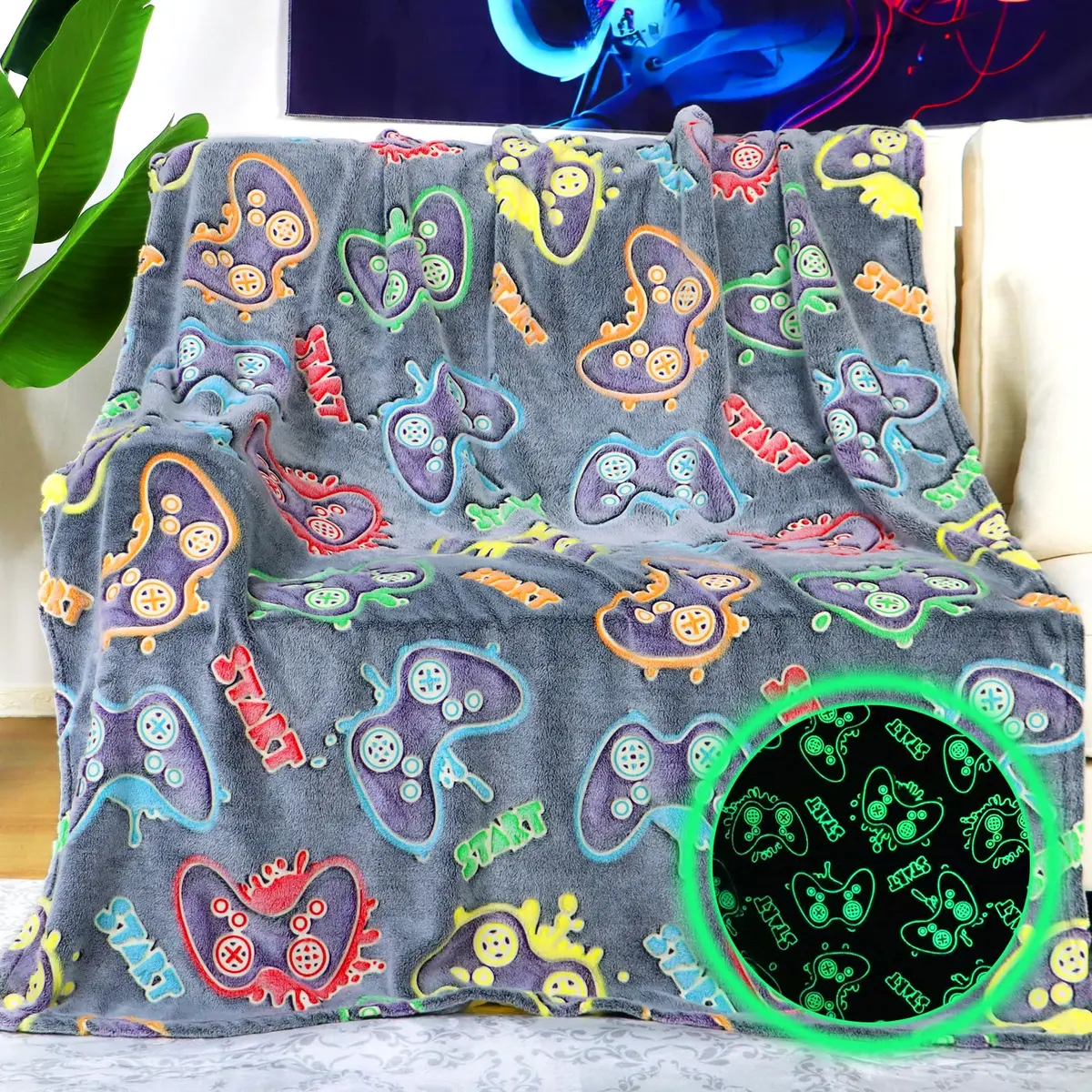 KIVEE Gaming Blanket 50" x 60" | Glow in The Dark Gamer Gift for Boys & Teens - main product image