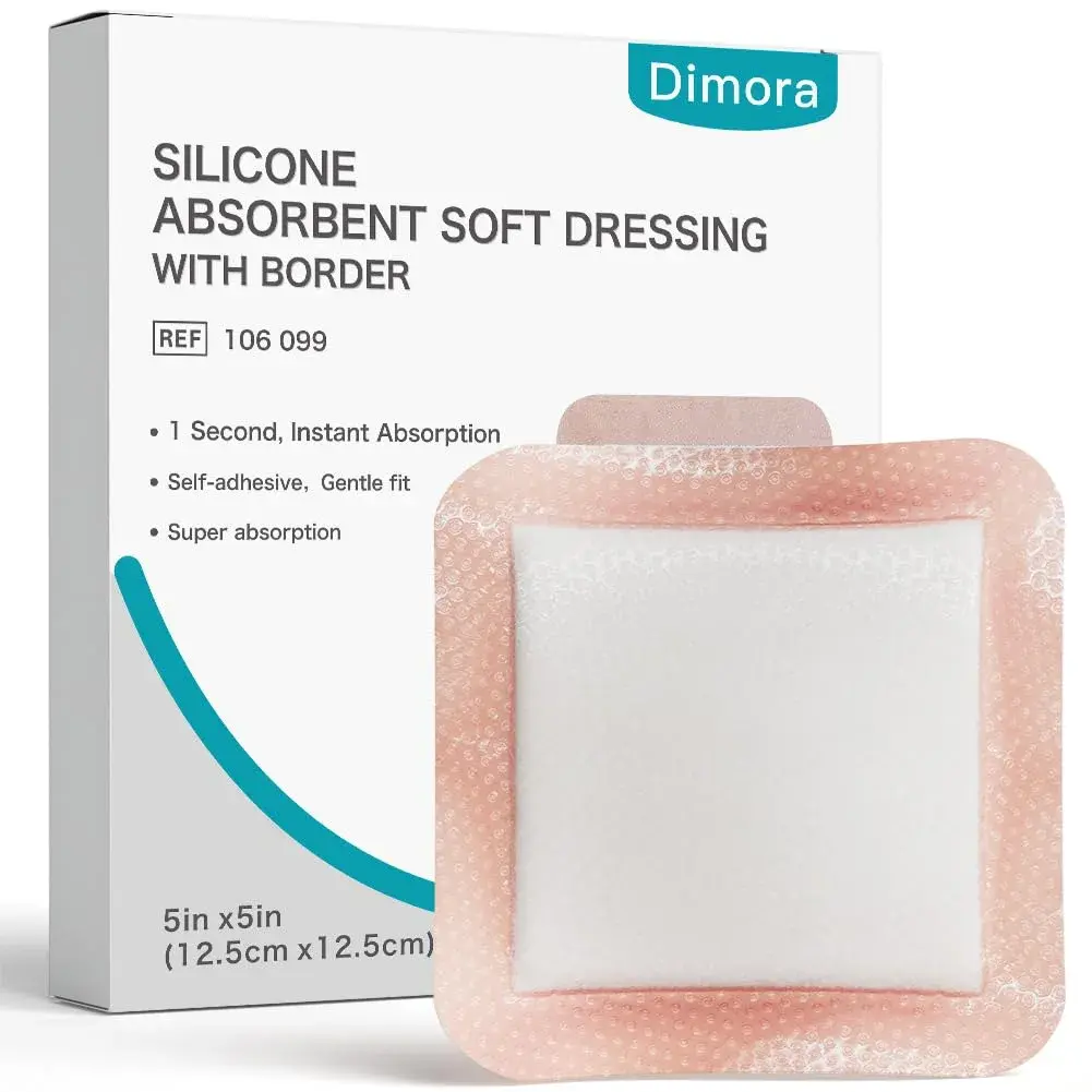 Dimora Silicone Super Absorbent Wound Dressings 5"x 5" (12.7cm x 12.7cm) 10 Count | Gentle Adhesive Bandages for Heavy Exudate Wound Care - main product image