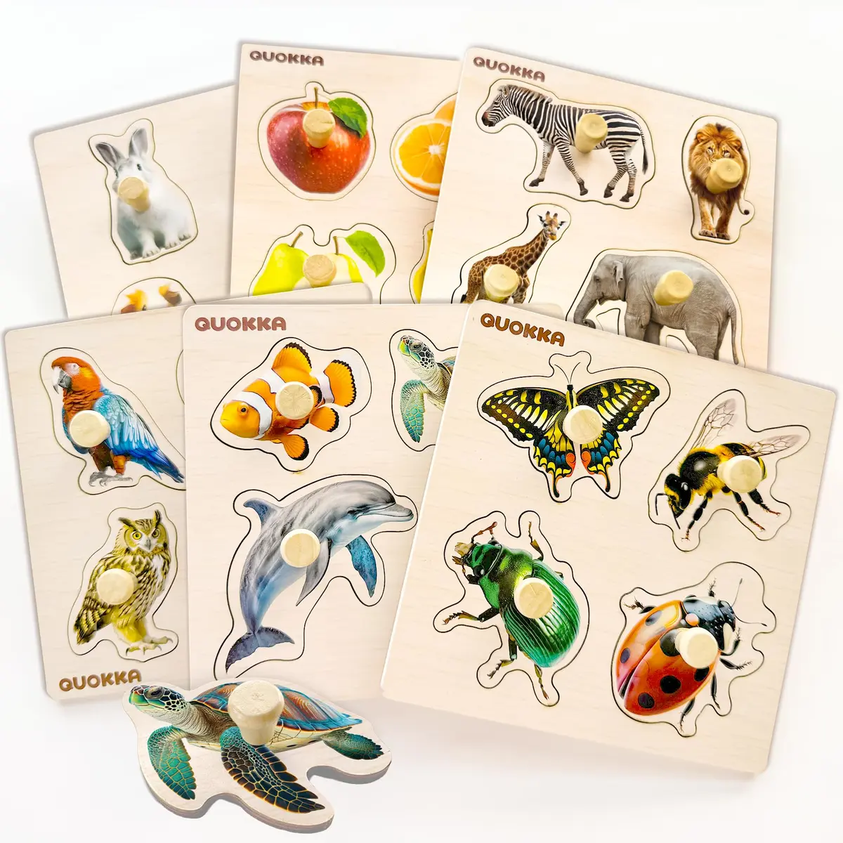 Quokka Wooden Pegged Puzzles for Toddlers 1-3 - 6 Puzzles with Animals, Fruits, Shapes (15cm x 15cm) - main product image