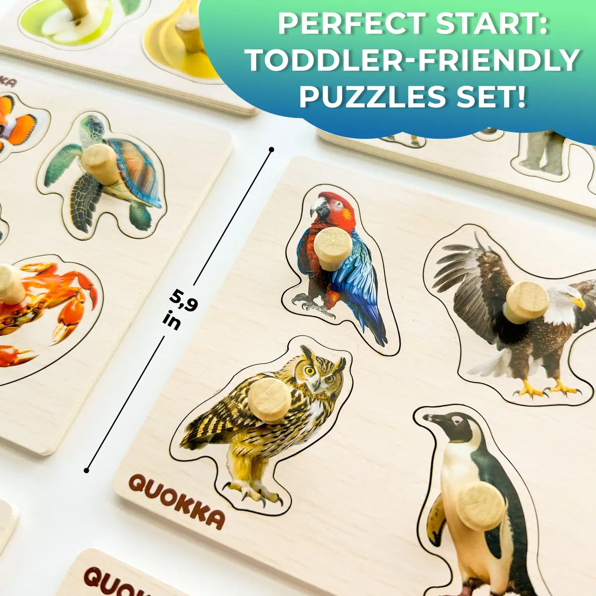Quokka Wooden Pegged Puzzles for Toddlers 1-3 - 6 Puzzles with Animals, Fruits, Shapes (15cm x 15cm) - view 5