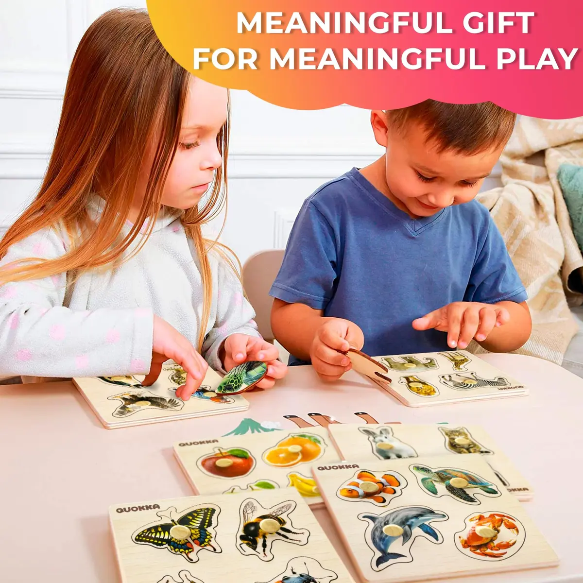 Quokka Wooden Pegged Puzzles for Toddlers 1-3 - 6 Puzzles with Animals, Fruits, Shapes (15cm x 15cm) - view 6