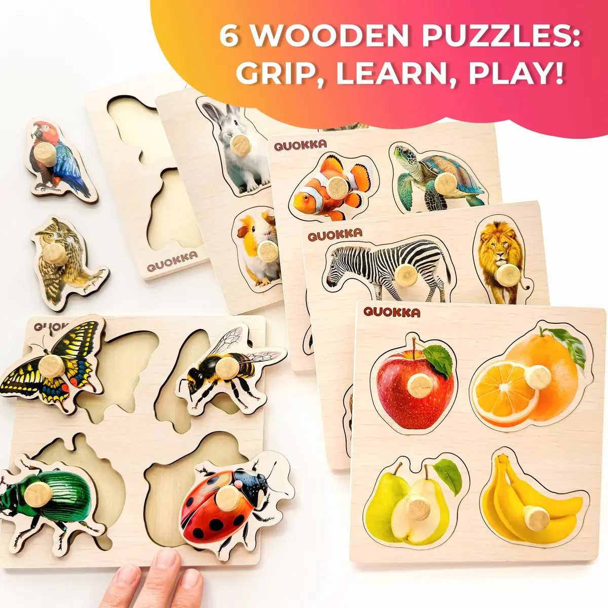 Quokka Wooden Pegged Puzzles for Toddlers 1-3 - 6 Puzzles with Animals, Fruits, Shapes (15cm x 15cm) - view 2