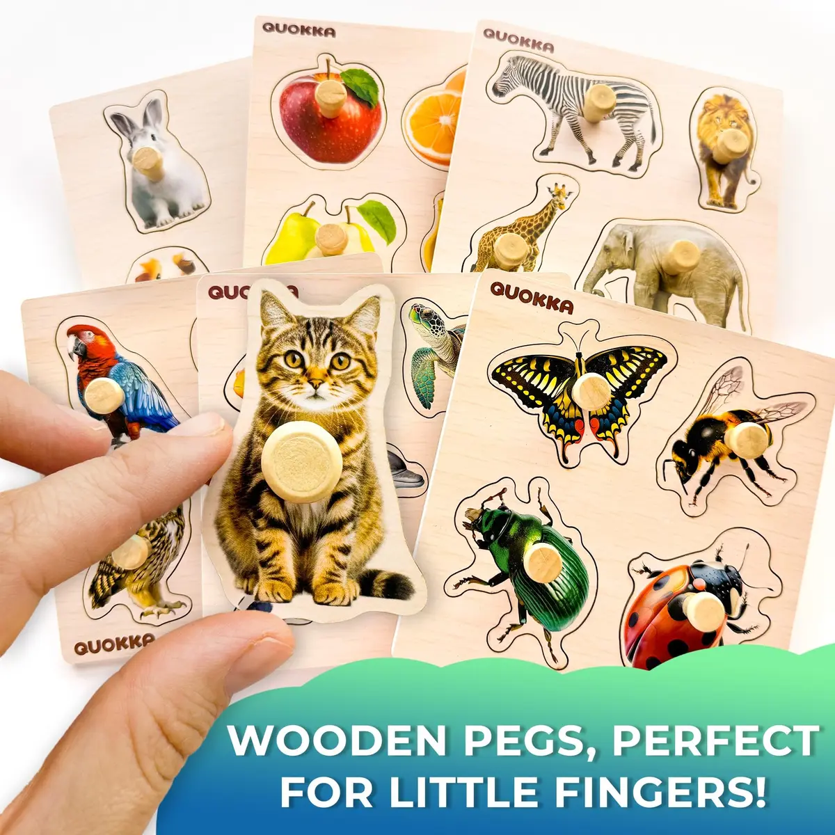 Quokka Wooden Pegged Puzzles for Toddlers 1-3 - 6 Puzzles with Animals, Fruits, Shapes (15cm x 15cm) - view 3