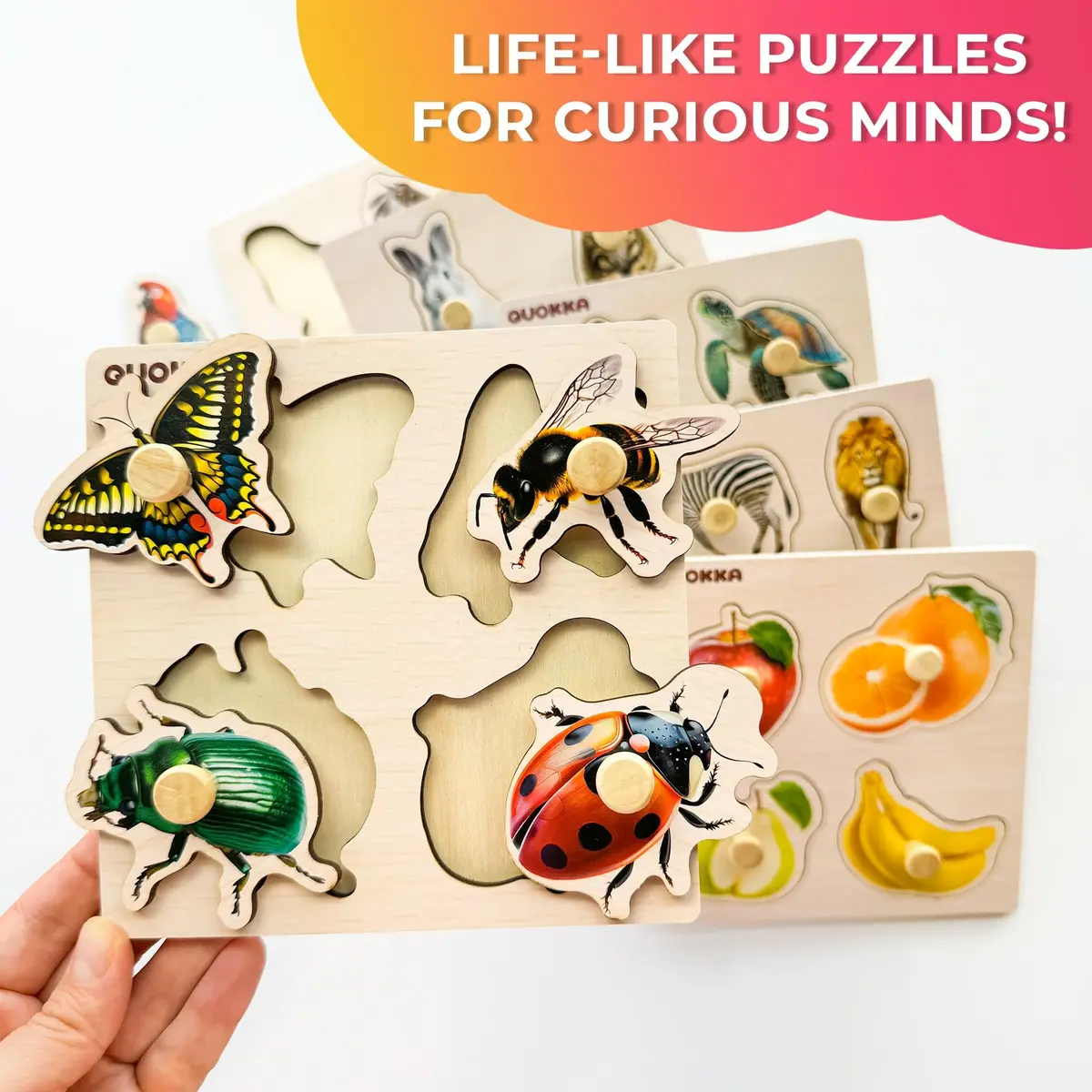 Quokka Wooden Pegged Puzzles for Toddlers 1-3 - 6 Puzzles with Animals, Fruits, Shapes (15cm x 15cm) - view 4