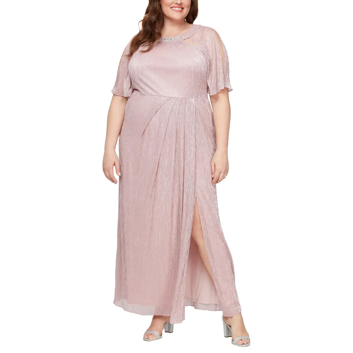 S.L. Fashions Women's Long A-Line Mother of the Bride Dress with Ruched Waist (Plus Size), Faded Rose with Front Slit | Elegant Evening Gown - main product image