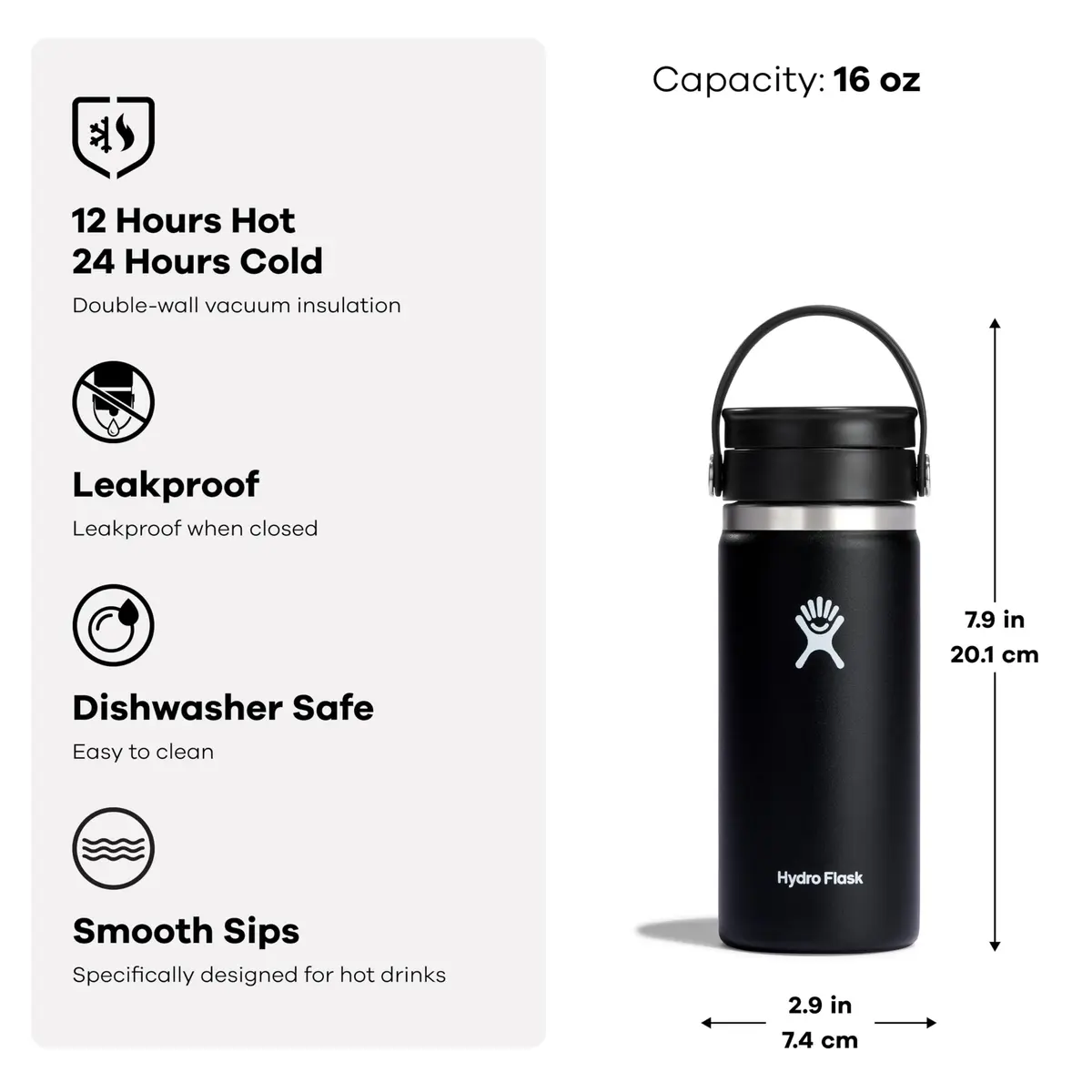 Hydro Flask Water Bottle - Insulated Stainless Steel - Wide Mouth Flex Sip, Non Spill, Leakproof in 16 Oz | Keeps Drinks Hot & Cold - view 5