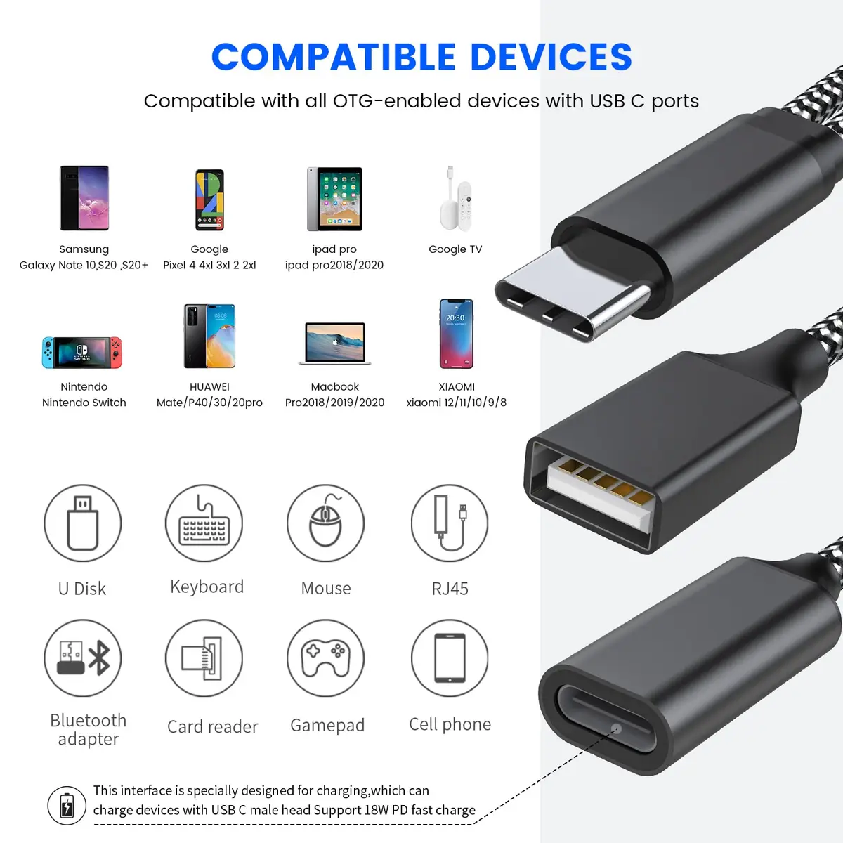 MOGOOD USB C OTG Splitter Cable with 18W Power Delivery | 2-in-1 Adapter for Android & More - view 2