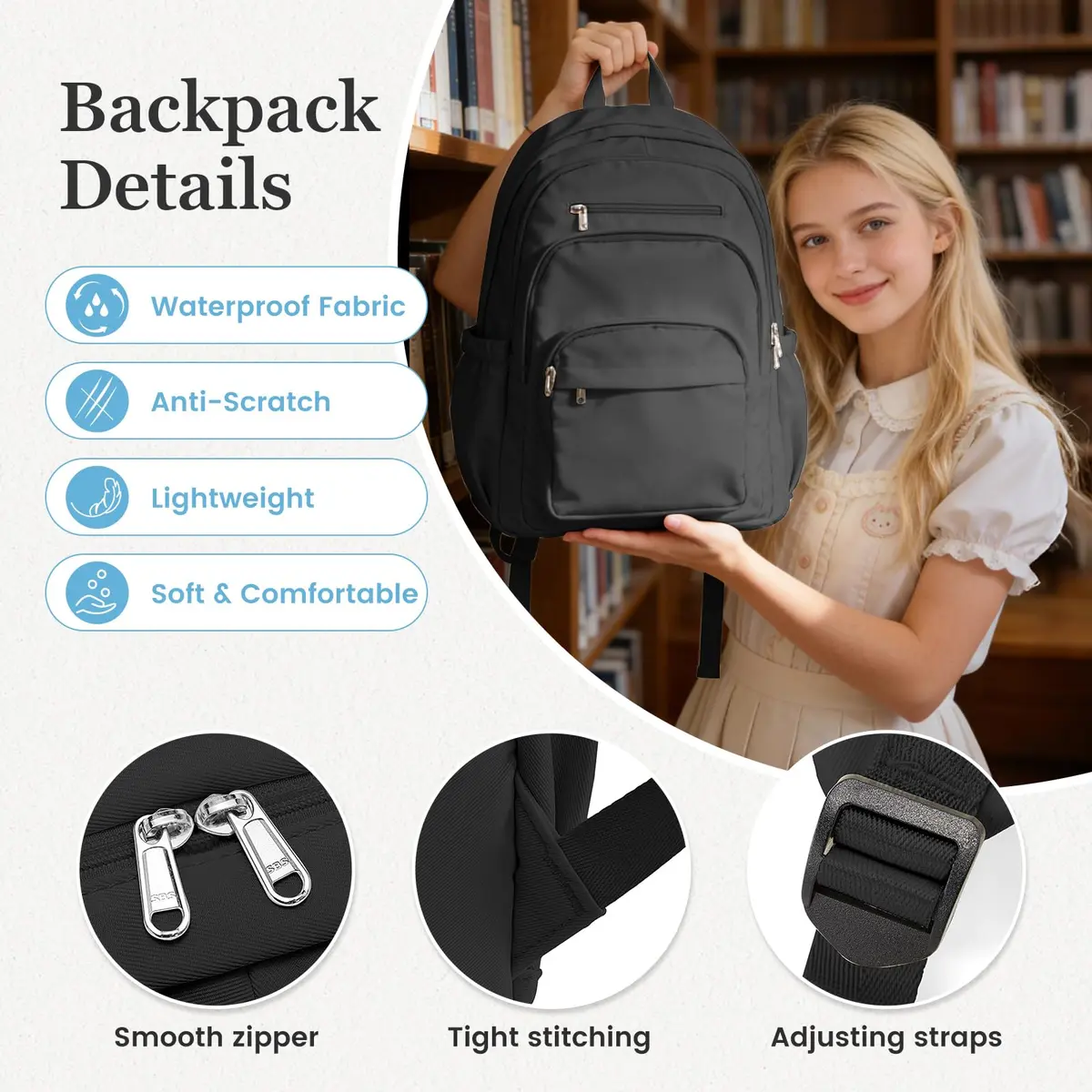 Lendolk College Backpack For Women Men, High School Backpack with Lots of Pockets, 35cm x 17cm x 48cm (13.8in x 6.7in x 18.9in) - view 5