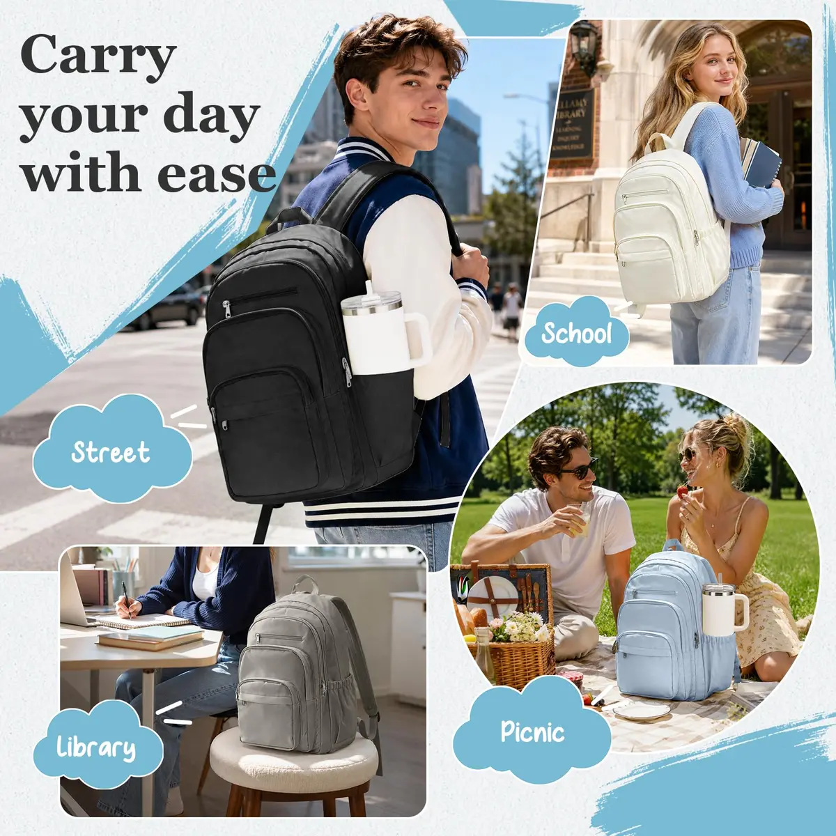Lendolk College Backpack For Women Men, High School Backpack with Lots of Pockets, 35cm x 17cm x 48cm (13.8in x 6.7in x 18.9in) - view 7