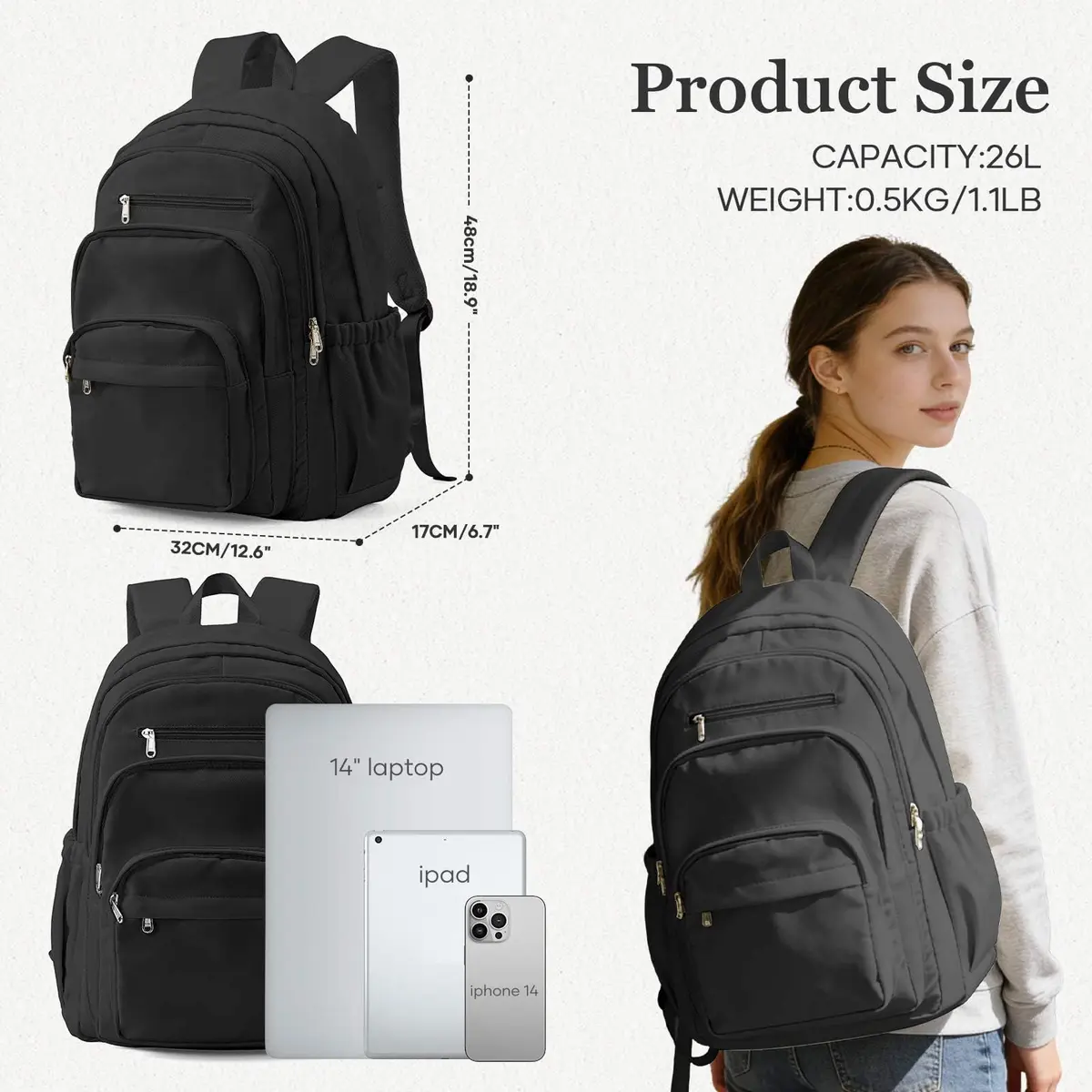 Lendolk College Backpack For Women Men, High School Backpack with Lots of Pockets, 35cm x 17cm x 48cm (13.8in x 6.7in x 18.9in) - view 2