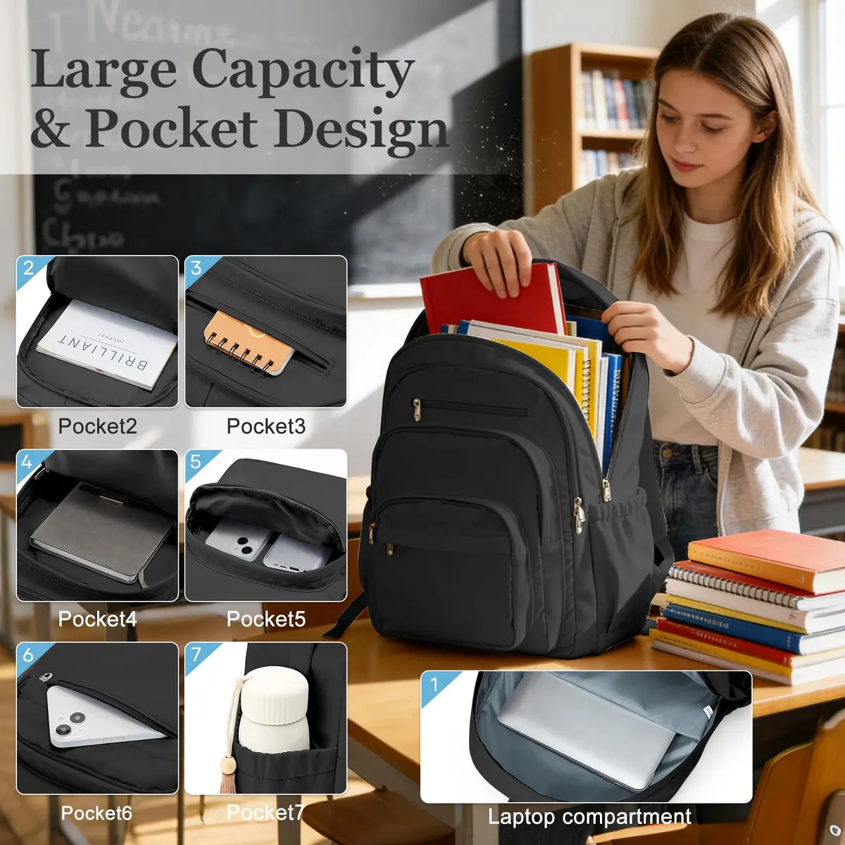 Lendolk College Backpack For Women Men, High School Backpack with Lots of Pockets, 35cm x 17cm x 48cm (13.8in x 6.7in x 18.9in) - view 3