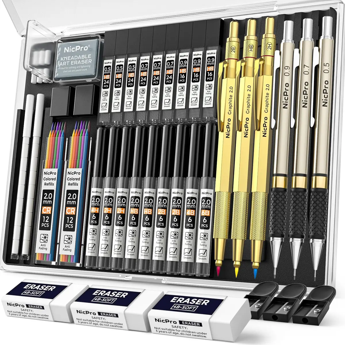 Nicpro 35PCS Gold Art Mechanical Pencils Set with 0.5mm-2.0mm Leads & Erasers | Artist Drafting Pencil Set - main product image