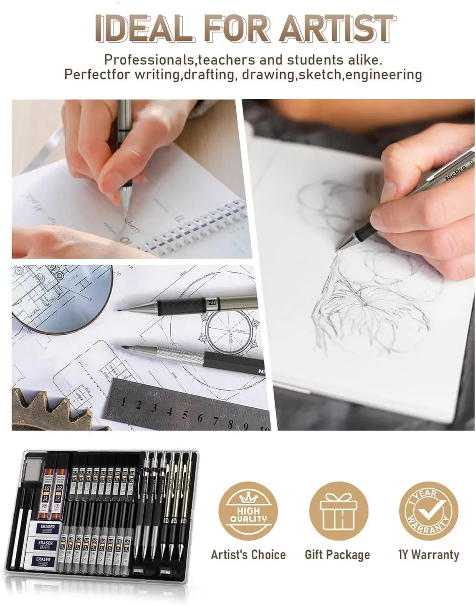 Nicpro 35PCS Gold Art Mechanical Pencils Set with 0.5mm-2.0mm Leads & Erasers | Artist Drafting Pencil Set - view 7