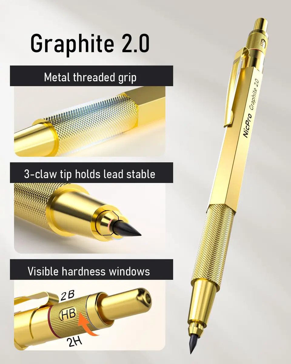 Nicpro 35PCS Gold Art Mechanical Pencils Set with 0.5mm-2.0mm Leads & Erasers | Artist Drafting Pencil Set - view 2
