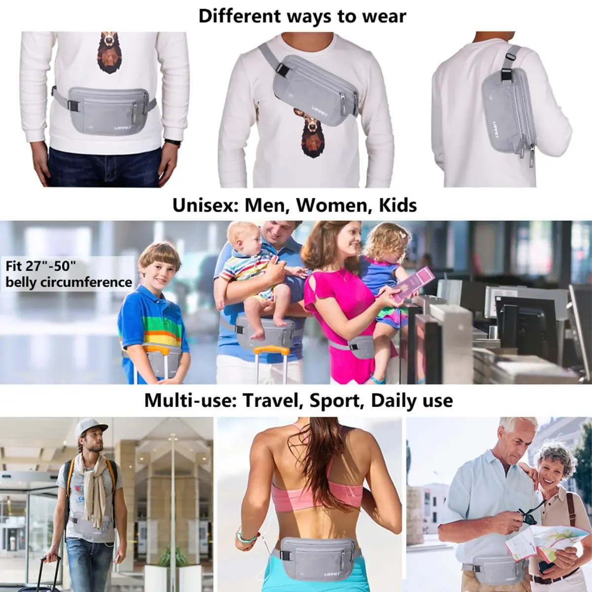 LANNEY Slim RFID Blocking Money Belt for Travel, Hidden Travel Pouch with Passport Holder & 2 RFID Sleeves, Grey - view 6