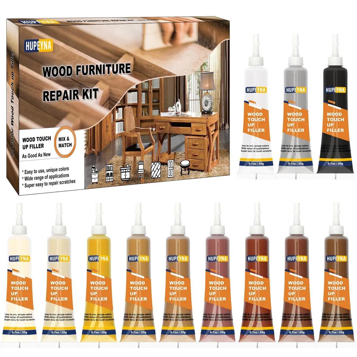 Hupeyna Wood Furniture Repair Kit, 12 Colors, Wood Fillers | Restore Scratches & Chips - main product image