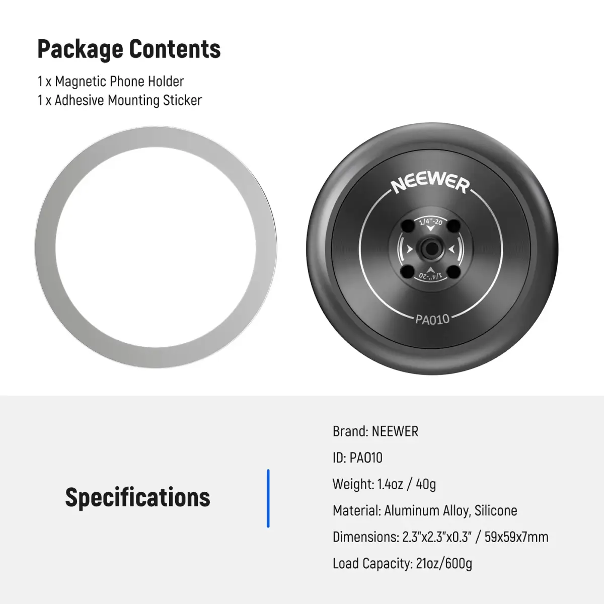 NEEWER Magnetic Phone Tripod Mount Adapter with Adhesive Ring for MagSafe iPhones | 59mm x 59mm x 7mm - view 9