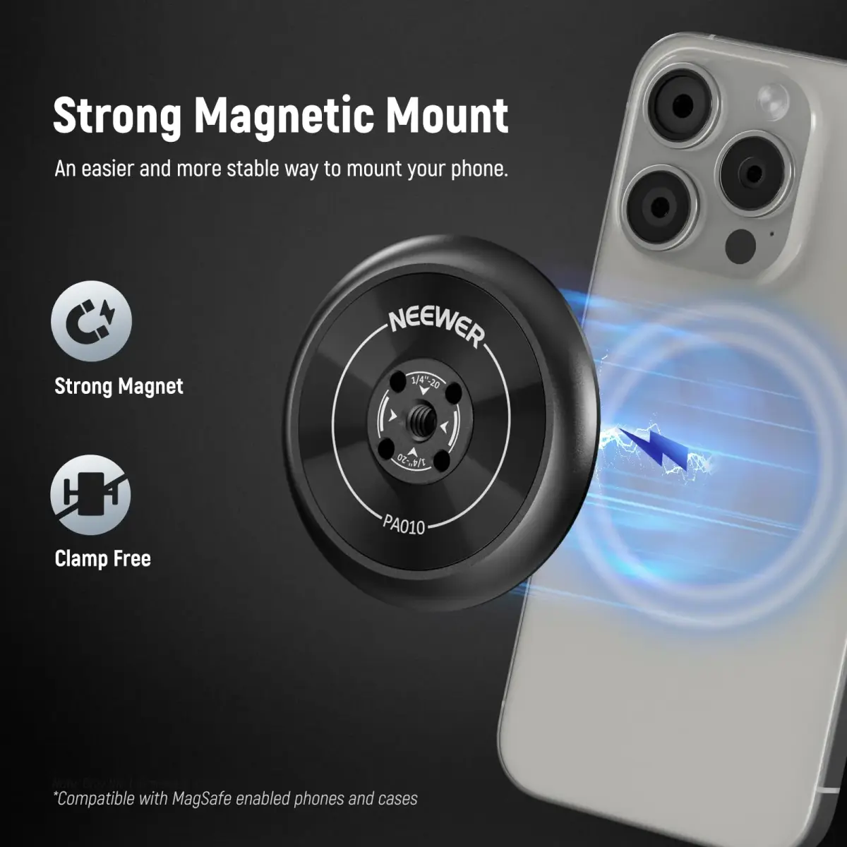 NEEWER Magnetic Phone Tripod Mount Adapter with Adhesive Ring for MagSafe iPhones | 59mm x 59mm x 7mm - view 2