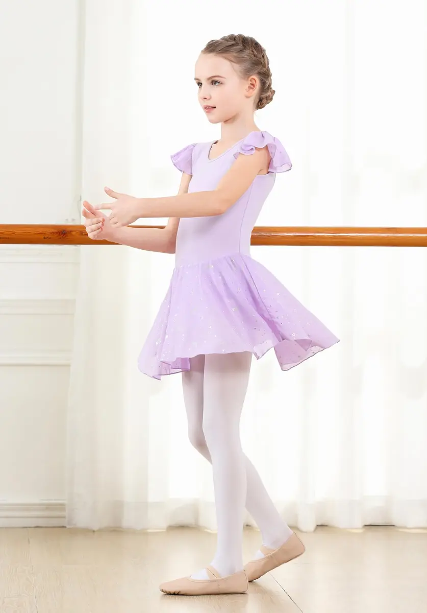 DIPUG Girls Flutter Sleeve Ballet Dance Dress with Bow Back & Sequins Skirt, Purple, 8-10 Years - view 5