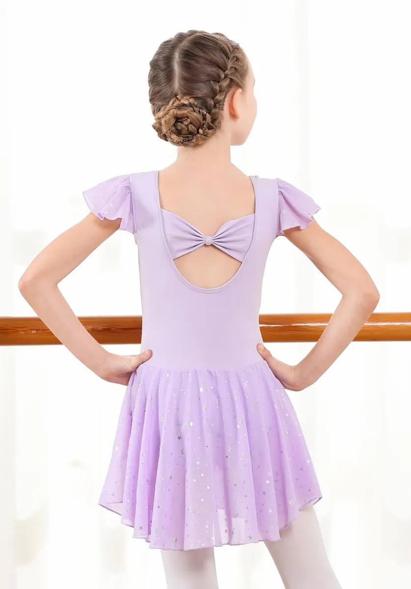 DIPUG Girls Flutter Sleeve Ballet Dance Dress with Bow Back & Sequins Skirt, Purple, 8-10 Years - view 3