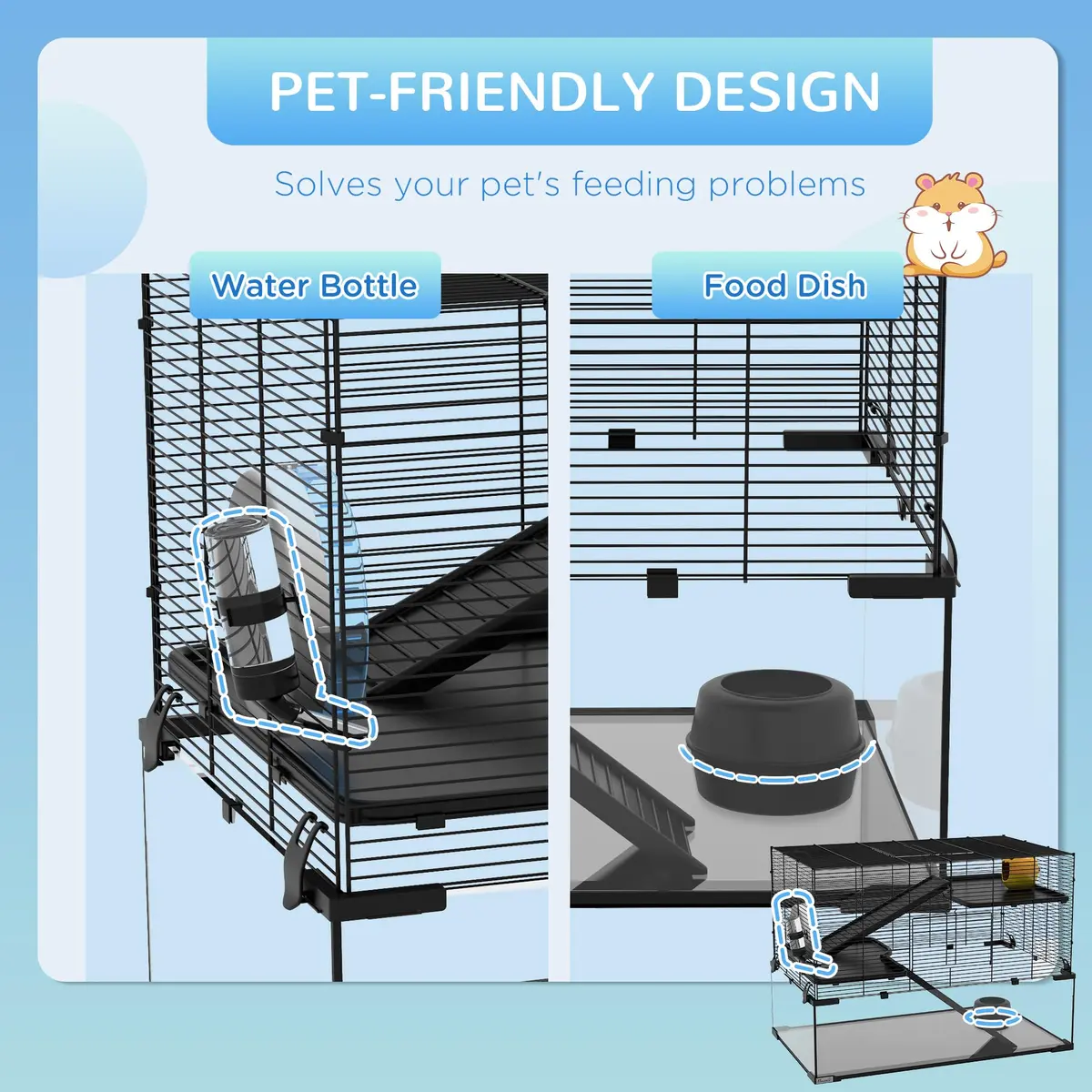 PawHut Large Hamster Cage Deep Tempered Glass Bottom 30"x19"x21.5" Black | Multi-Level Habitat for Syrian & Dwarf Hamsters - view 4