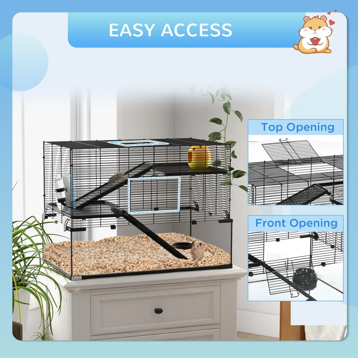 PawHut Large Hamster Cage Deep Tempered Glass Bottom 30"x19"x21.5" Black | Multi-Level Habitat for Syrian & Dwarf Hamsters - view 6