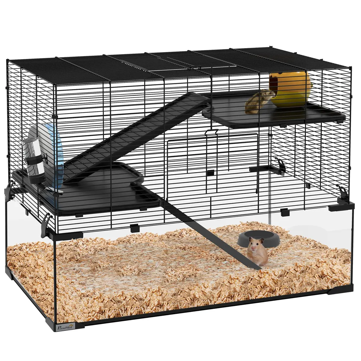 PawHut Large Hamster Cage Deep Tempered Glass Bottom 30"x19"x21.5" Black | Multi-Level Habitat for Syrian & Dwarf Hamsters - main product image