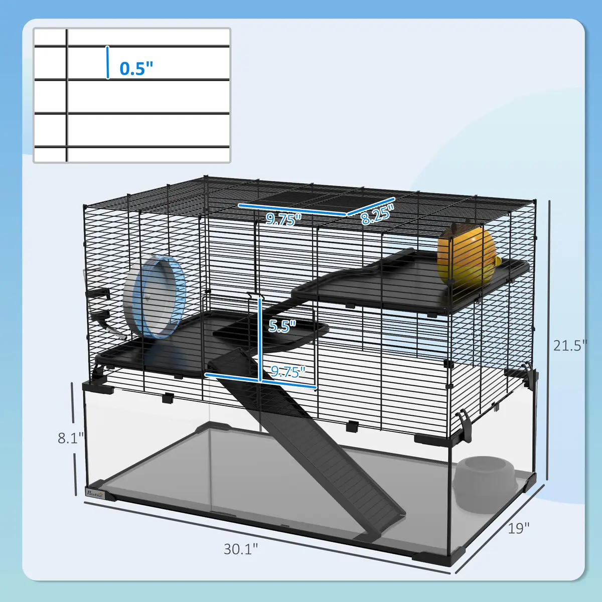 PawHut Large Hamster Cage Deep Tempered Glass Bottom 30"x19"x21.5" Black | Multi-Level Habitat for Syrian & Dwarf Hamsters - view 7