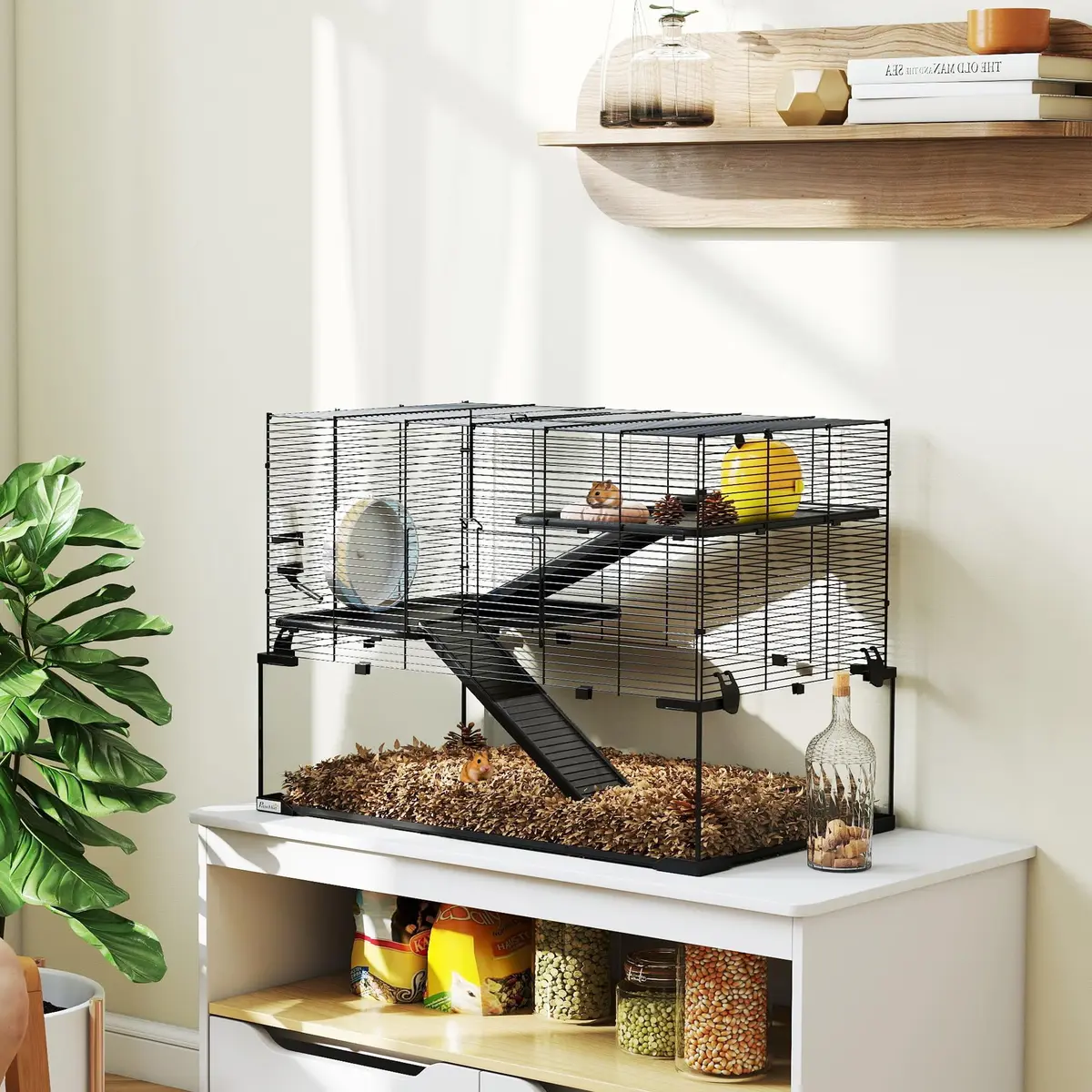 PawHut Large Hamster Cage Deep Tempered Glass Bottom 30"x19"x21.5" Black | Multi-Level Habitat for Syrian & Dwarf Hamsters - view 8